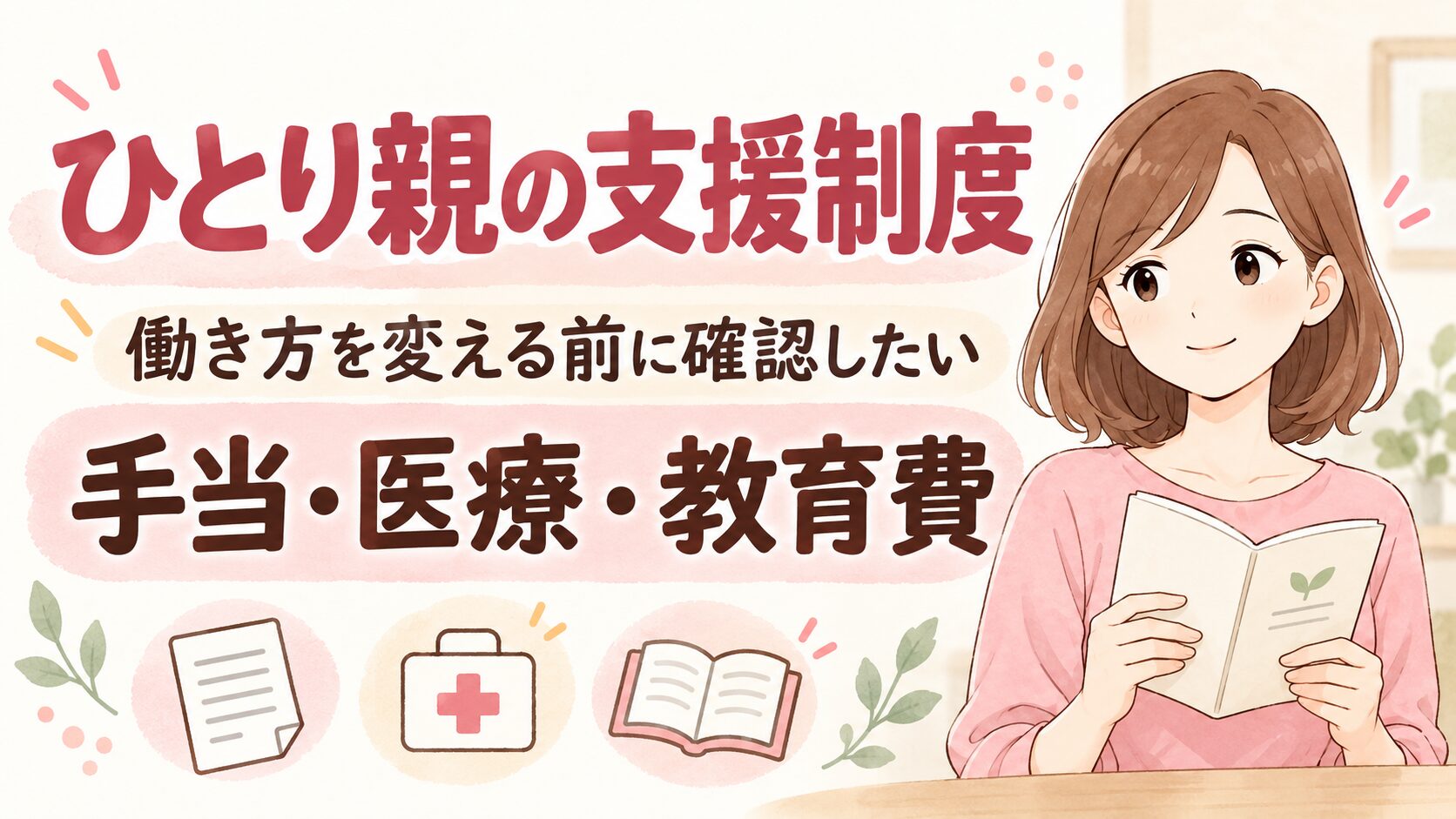 ひとり親の支援制度。働き方を変える前に確認したい手当・医療・教育費を案内するここあのイラスト。