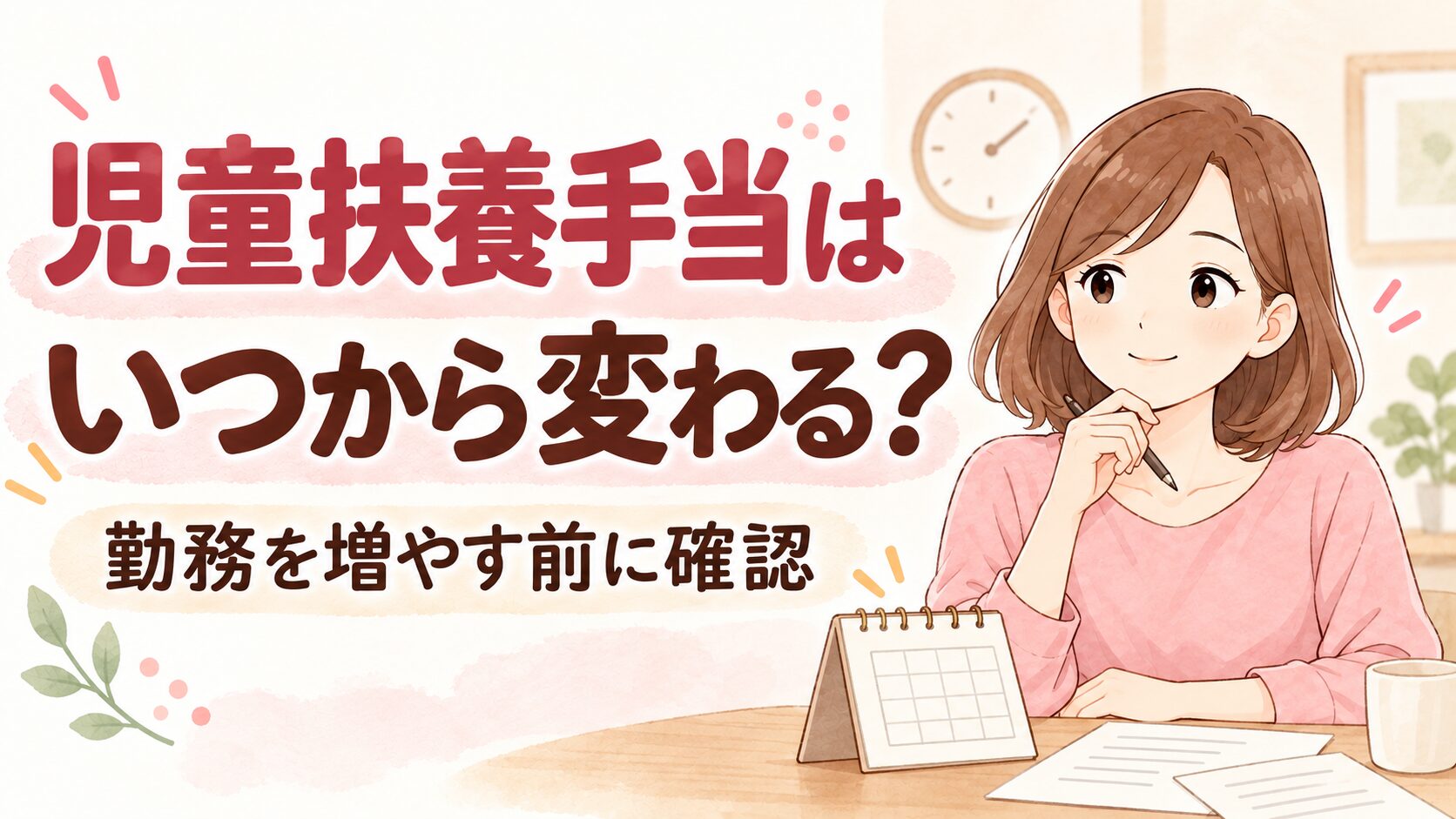 茶色のボブでピンクの服のここあがカレンダーを見ながら児童扶養手当の変更時期を考えるイラスト