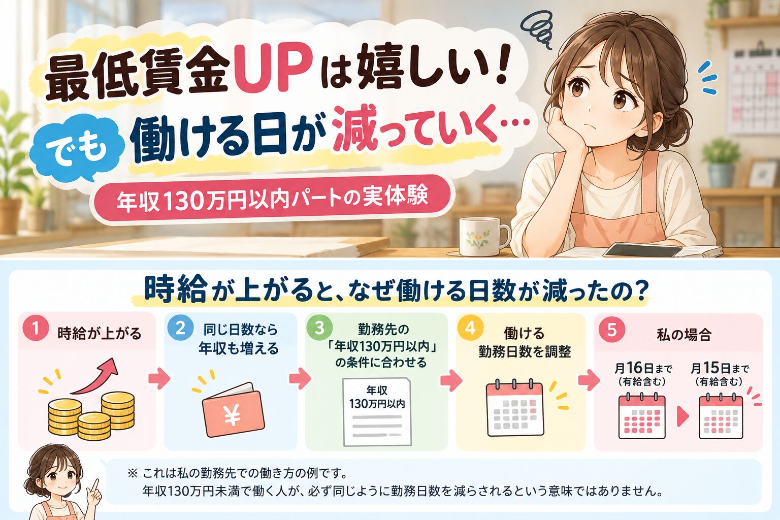 最低賃金UPは嬉しい。でも働ける日が減っていく。年収130万円以内パートの実体験。勤務先の条件に合わせ、勤務日数が月16日から15日になった流れ。